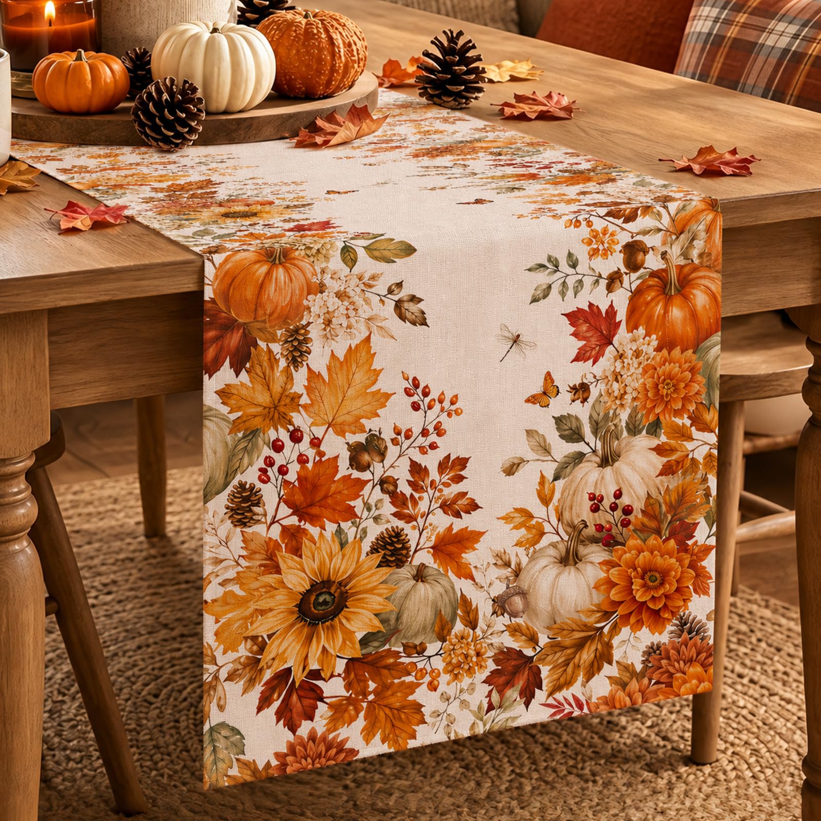 Linen Table Runner - Autumn Sunflower Pumpkin Maple Leaf Table