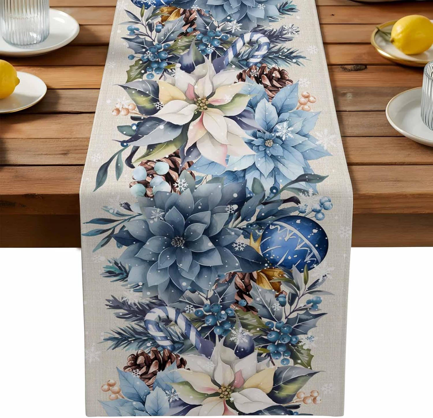Christmas Blue Poinsettia Ball - Linen Table Runner recension och pris