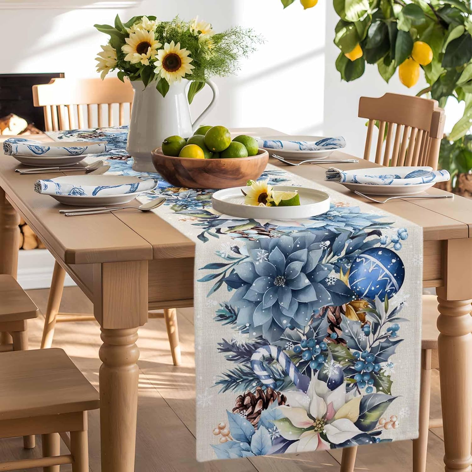 Christmas Blue Poinsettia Ball - Linen Table Runner recension och pris