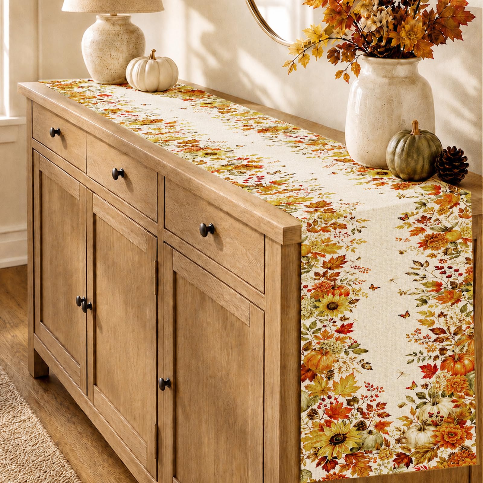 Autumn Sunflower Pumpkin Maple - Linen Table Runner recension och pris