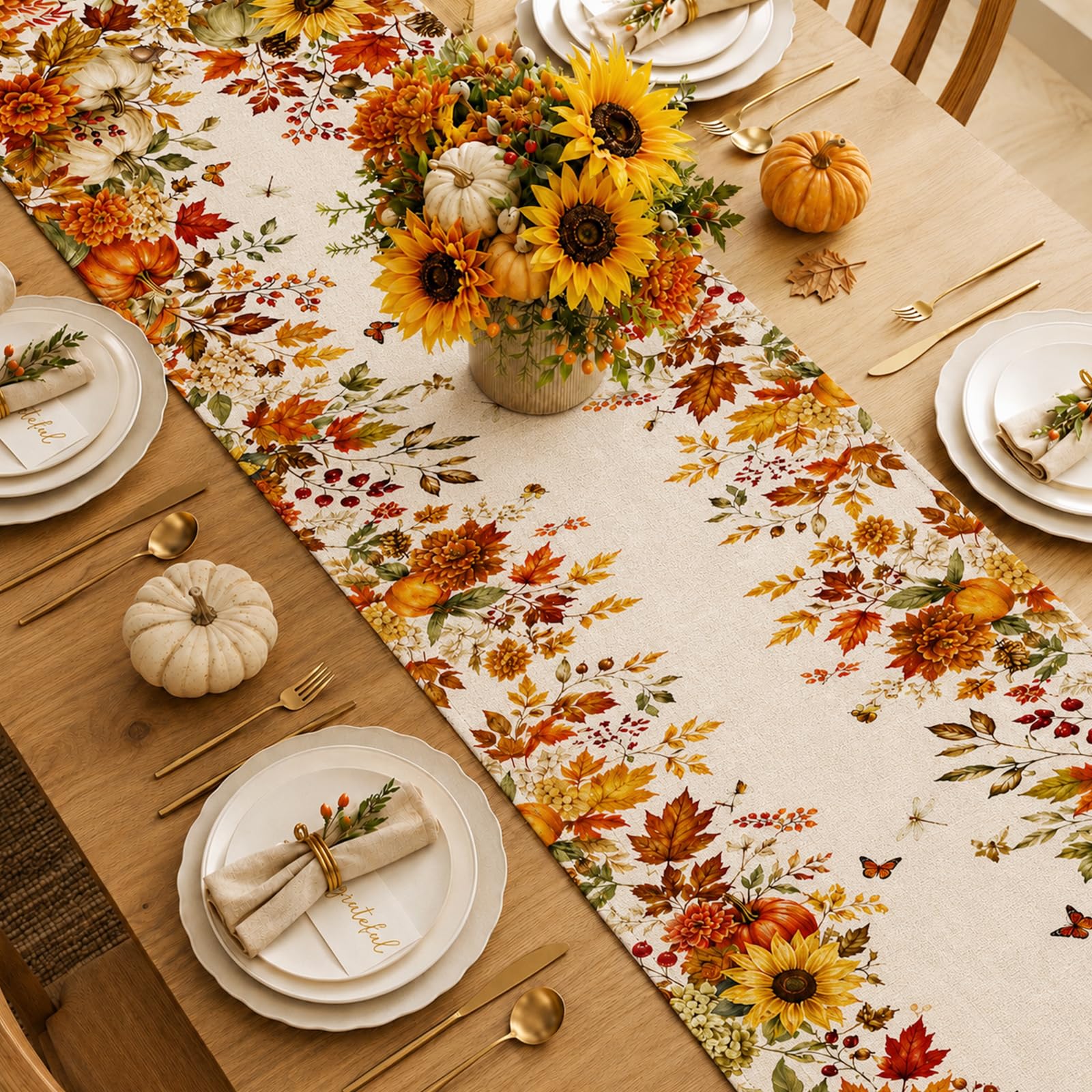 Autumn Sunflower Pumpkin Maple - Linen Table Runner recension och pris